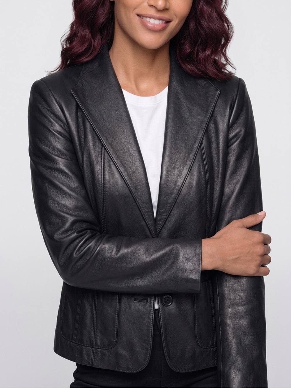 COLE HAAN Black Leather Jacket - Women's Tailored Leather Coat